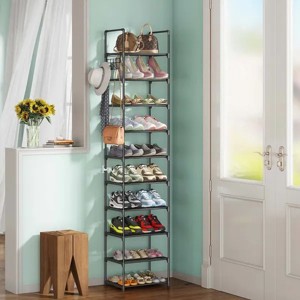 10 Tier Metal Shoes Rack, Narrow Stackable Shoes Shelf with Hooks, Shoe Tower for 20-24 Pairs Shoe and Boots Organizer, Black - 1 of 4