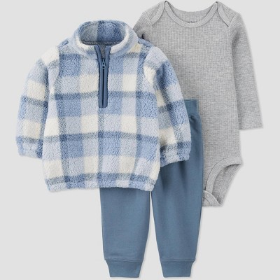 Image of Carter's Just One You®️ Baby Boys' 3pc Plaid Quarter Zip Top & Bottom Set - Blue 9M