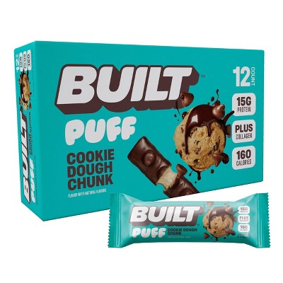 Built Bar Puff Collagen Protein Bars - Cookie Dough Chunk, Low in Sugar & Carb Snack - 480gm/12ct Box