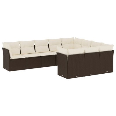 vidaXL 11 Piece Patio Sofa Set with Cushions Brown Poly Rattan - Brown and Cream Without Table