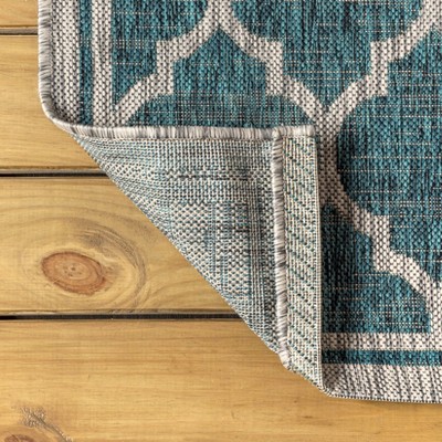 Teal and Gray Round Moroccan Trellis Indoor/Outdoor Rug