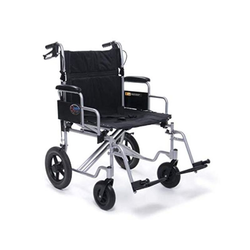 Graham Field EJ777-3 Aluminum 24 Inch Durable Foldable Bariatric Transportation Wheelchair with Padded Armrests, Footrest, and Wheel Locks, Black, 1 of 8