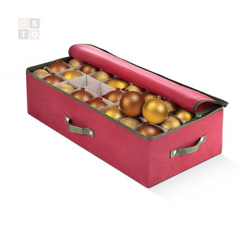 OSTO Large Christmas Decorative Ornament Storage Box with Lid Fits 128  Holiday Ornaments of 3 in. Tear Proof, Waterproof 600D Polyester Red