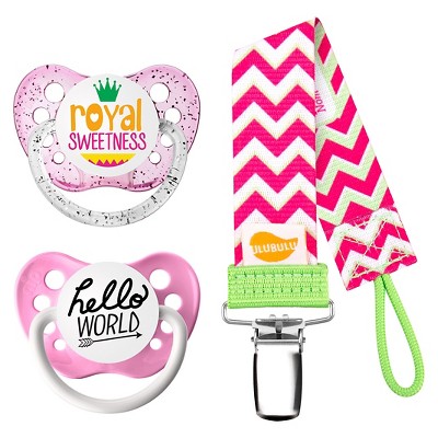 Ulubulu Pacifiers Royal Sweetness & Hello World with Chevron Pacifier Clip - 6-18 Months - 3pk