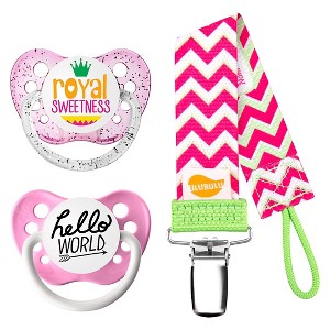 Ulubulu Pacifiers Royal Sweetness & Hello World with Chevron Pacifier Clip - 6-18 Months - 3pk - 1 of 4