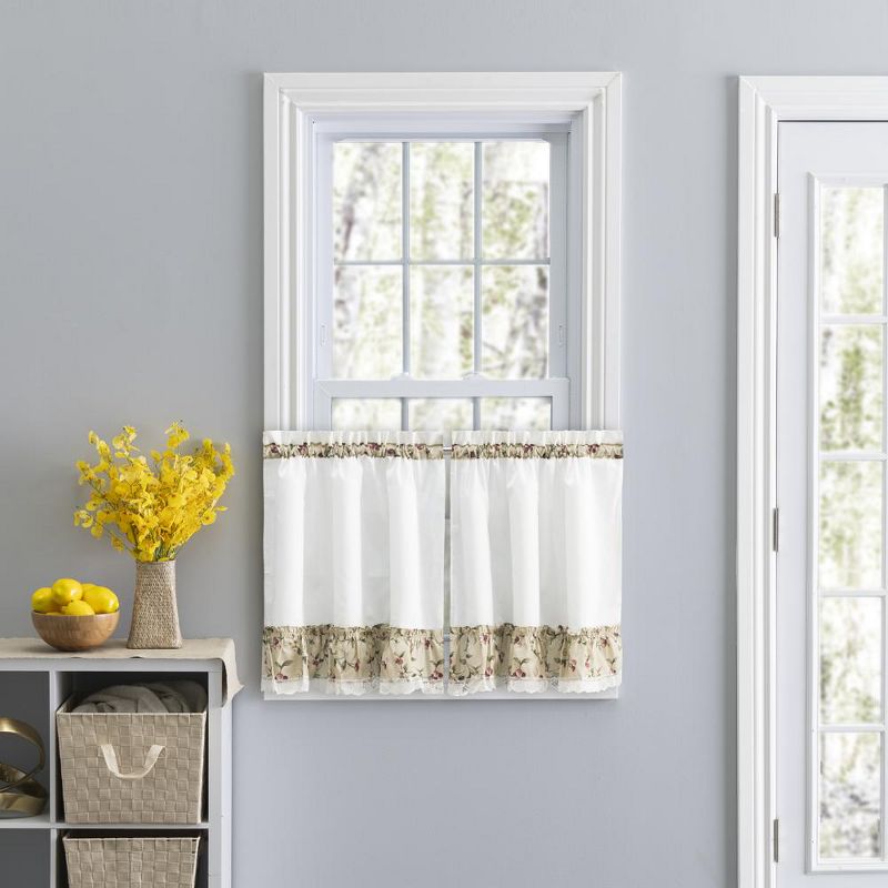 Ellis Curtain Cherries Ruffled 1.5" Rod Pocket Window Curtain Tiers Natural, 2 of 5