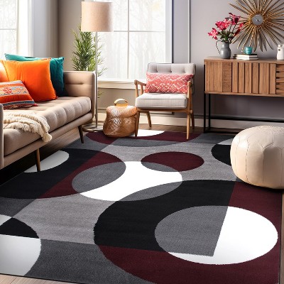 Burgundy and Gray Geometric Synthetic Rectangular Area Rug
