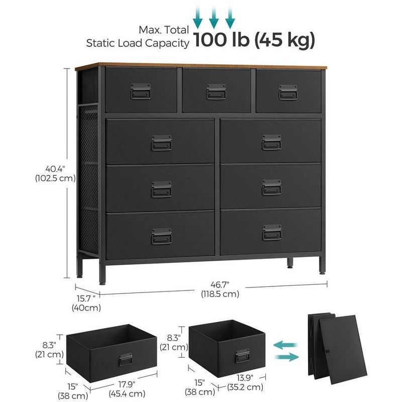 SONGMICS Dresser for Bedroom, Storage Organizer Unit with 9 Fabric, Chest, Steel Frame, Rustic Brown and Black, 5 of 8