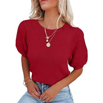 Womens Short Sleeve Lightweight Sweaters Crewneck Knit Pullover Tops with Crochet Sleeve Casual Crochet Blouse Shirt for Spring, Summer