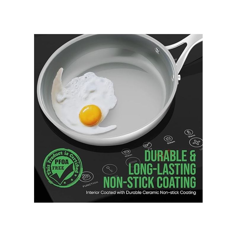 NutriChef 9.5'' Large Fry Pan - Frypan Interior Coated with Durable Ceramic Non-Stick Coating, Stainless Steel, 3 of 7