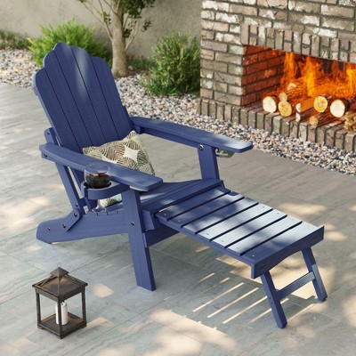 Sonkuki Folding Adirondack Chair with Retractable Ottoman, Fire Pit Patio Chair with Cup Holder Lawn Outdoor Lounge Chair