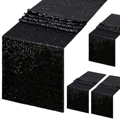 Wikineon Black Sequin Table Runner 4 Pack 12x72Inch Glitter Easter Decoration Sparkly Black Table Fabric for Birthday Outdoor Dining Party Decoration