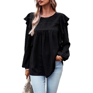 Frill Shoulder Boluse with Tiny Embroidered Lightweight Long Sleeve Crochet Blouse Lantern Sleeve Round Neck Tunic Blouse - 1 of 4