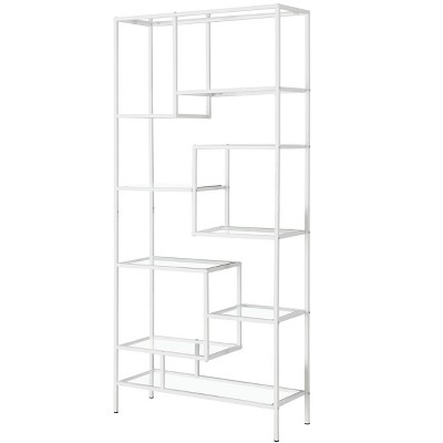Bookshelf, Bookcase, Etagere, 72"h, Office, Bedroom, Clear Tempered Glass, White Metal, Contemporary, Modern