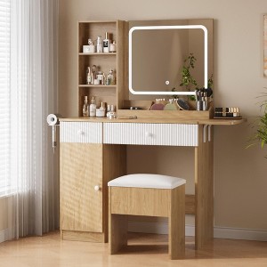 Vanity Desk with Mirror and Lights, Power Outlets Makeup Table with Drawers & Cabinet, Storage Stool, Dressing Table for Bedroom - 1 of 4