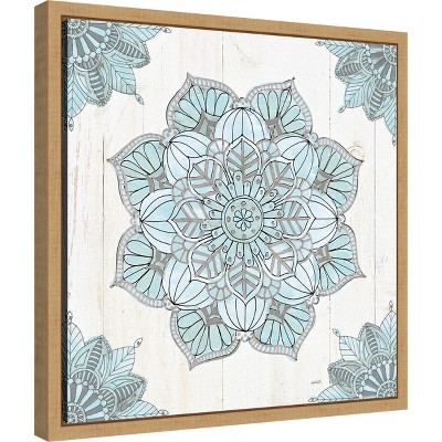 16-inch Blue and Gray Abstract Mandala Canvas Print with Natural Frame