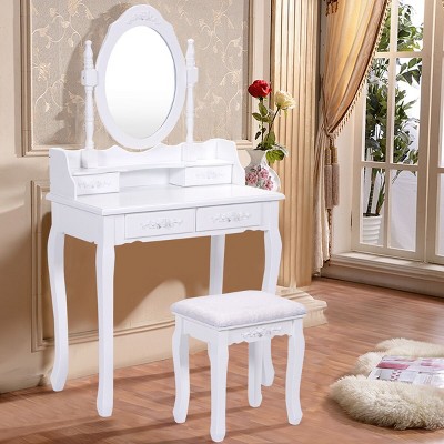 Costway White Vanity Jewelry Makeup Dressing Table Stool 4 Drawer