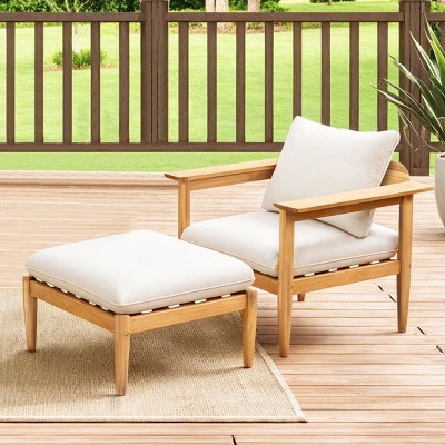 Outdoor Chaise Lounge Chair with Ottoman,Armrests Chair with Acacia Wood Frame and Beige Cushions,Patio Garden Relaxing Lounger Set-Coolbibila