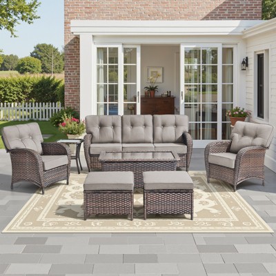 Buenhomino High Back Patio Furniture Set with 5-Inch Thick Cushion, Outdoor Conversation Set with Sofa, Swivel Rocker Chairs & Ottomans