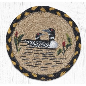 Earth Rugs Loon Round Braided Jute Coaster – 7"x7" Hand-Stenciled Rustic Lodge Accent - 1 of 3