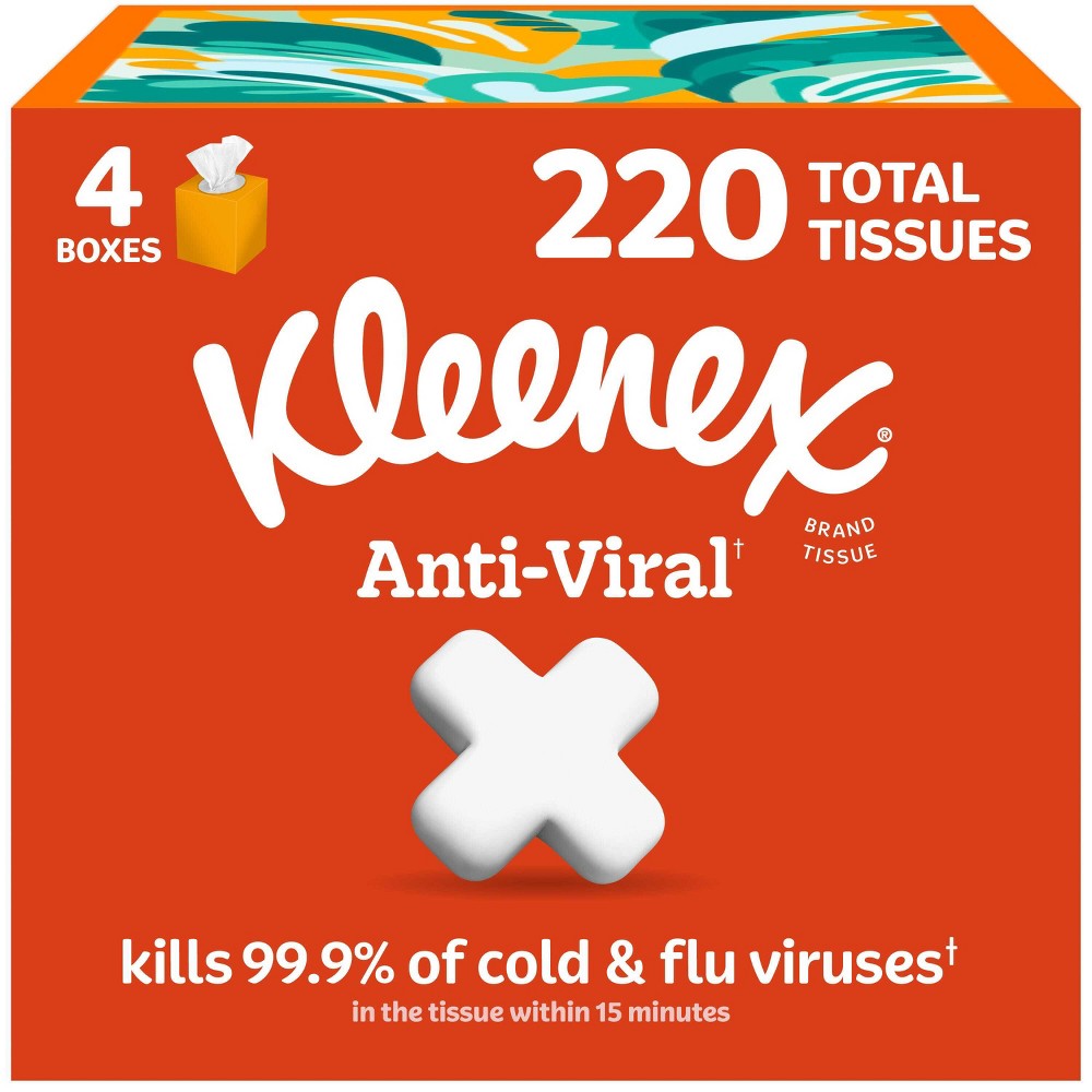 Kleenex Anti-Viral 3-Ply Facial Tissue - 4pk/220ct: Square Container, Not Travel Size