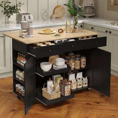Kitchen Island with Drawers, Rolling Island Cart w/Power Outlet, Mobile Solid Wood Portable Islands on Wheels with Storage Cabinet & Drawers