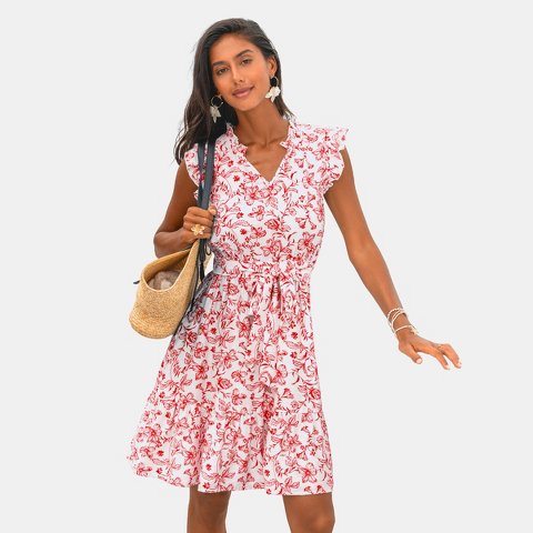 Женские платья Cupshe Women's Floral Print Dress with Ruffled Details-L-Red