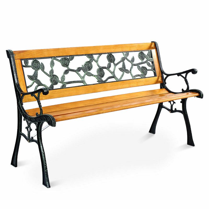Costway Patio Park Garden Bench Porch Chair Outdoor Deck Cast Iron Hardwood Rose, 1 of 11