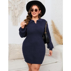 Women Plus Size V-neck Long Sleeve Knit Stretchable Elasticity Slim Sweater Bodycon Midi Pullover Sweater Dress - 1 of 4