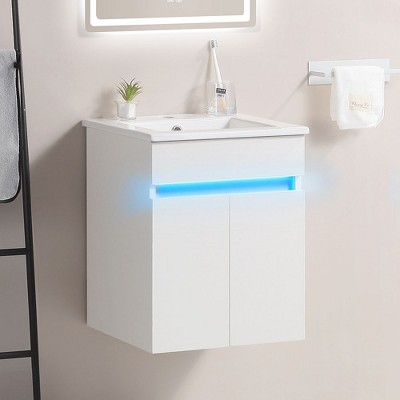 NicBex 16" Smart Bathroom Vanity with Ceramic Sink&Radar Sensing Light,Floating Cabinet for Small Space,No Faucet Included,Rubber Wood Frame,White
