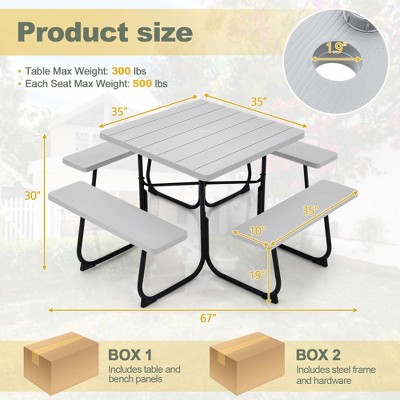 Gray HDPE Outdoor Square Picnic Table with 4 Benches and Umbrella Hole