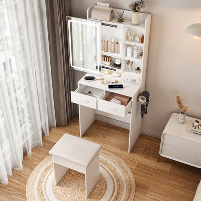 KWPZQEB Small Makeup Vanity Desk with Mirror and Lights, Vanity Table Set with Storage Drawer and Chair, Built-in Power Outlet for Girls Bedroom,White
