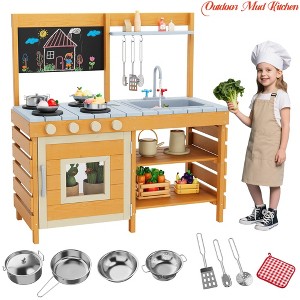 Boys Girls Ages 3+ Mud Kitchen for Kids w/ Removable Sink & Faucet | Wooden Play Kitchen Set w/ Stove Top & Storage Shelves | Backyard Toy Kitchen - 1 of 4
