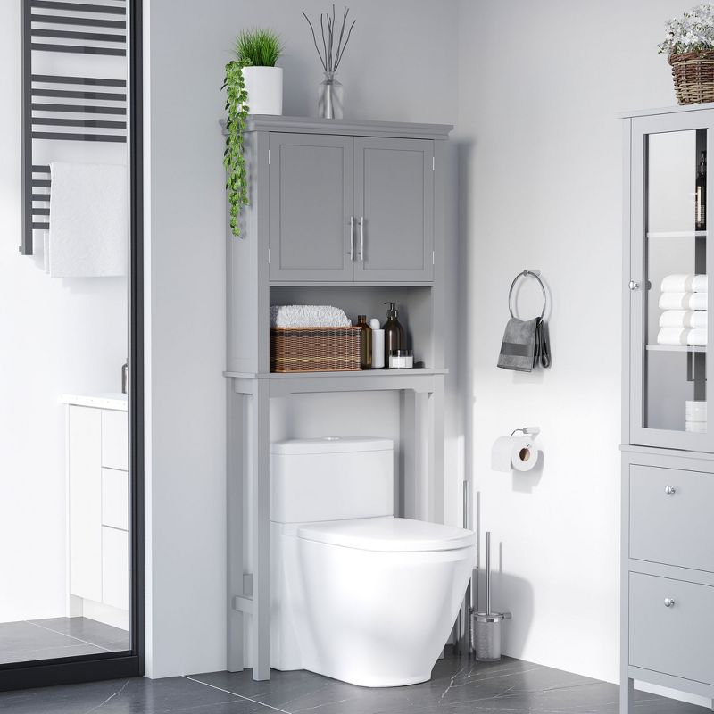kleankin Modern Over The Toilet Storage Cabinet, Double Door Bathroom Organizer with Inner Adjustable Shelf and Open Shelf, Gray, 3 of 7