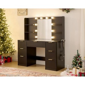 AMERLIFE Makeup Vanity Desk with Mirror & LED Lights, Drawers, Tempered Glass Top, Charging Station, Modern Bedroom Dressing Table - 1 of 4
