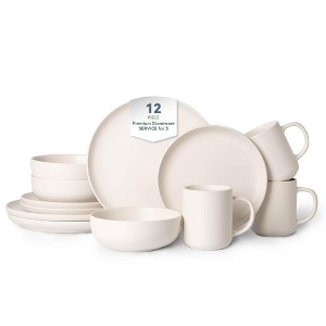 12-Piece Stoneware Dinnerware Set for 3 | Matte Glaze Plates, Bowls & Mugs | Microwave, Dishwasher Safe, Non-Toxic & Stackable-- Frevyn - 1 of 4