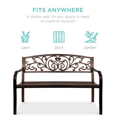 Bronze Floral Design Outdoor Steel Bench with Slatted Seat