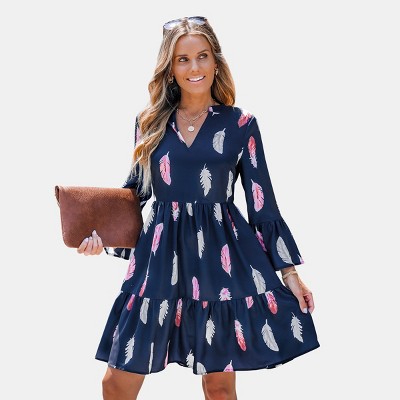 Women's Long Sleeve Floral V Neckline At Knee Length Dress - Cupshe