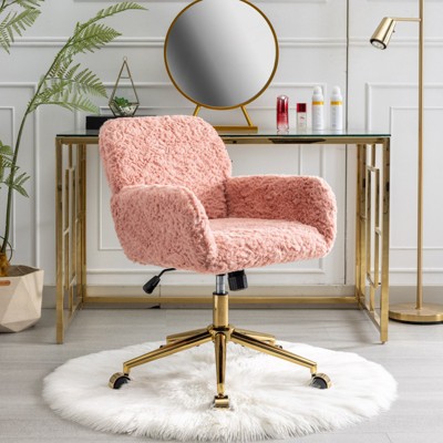Pink Faux Fur Upholstered Office Chair with Gold Metal Base