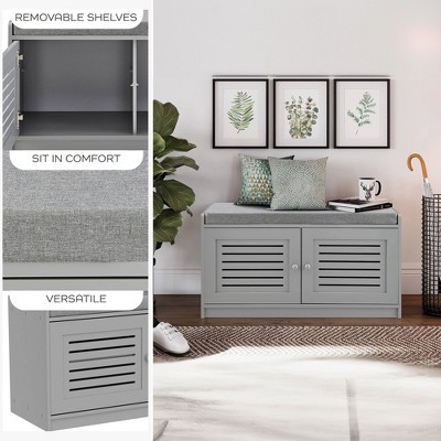 Gray Wooden Shoe Storage Bench with Cushioned Seat and Adjustable Shelves