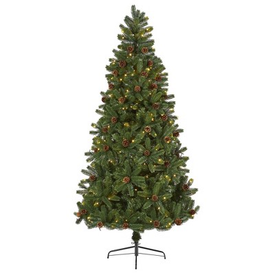 Nearly Natural 7.5' Rocky Mountain Spruce Prelit LED Artificial Christmas Tree with Pinecones
