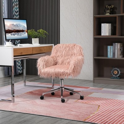 33.50"Vinsetto Faux Fur Desk Chair, Swivel Vanity Chair with Adjustable Height and Wheels for Office, Bedroom, Pink