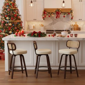 Homy Casa Counter Height Swivel Bar Stools Set of 3, Rattan Back with Upholstered seat &Walnut Wood Legs - 1 of 4