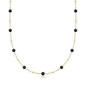 Ross-Simons Italian 6mm Onyx Bead Station Necklace in 18kt Gold Over Sterling Size 18 - 1 of 4
