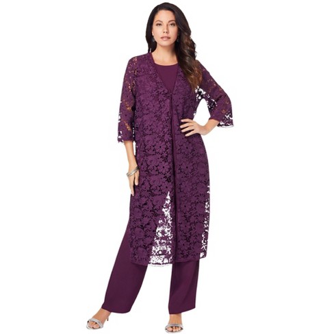 Roaman's Women's Plus Size Three-piece Lace Duster & Pant Suit - 16 W,  Purple : Target