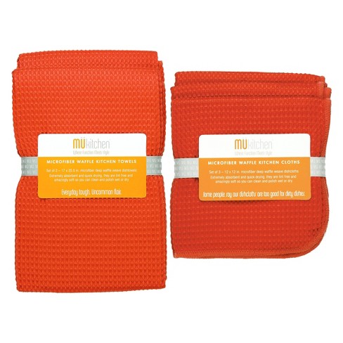 5pk Microfiber Waffle Kitchen Towel And Dish Cloth Set Orange - MU Kitchen