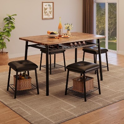 Nasitip 5-Piece Dining Table Set with 4 Upholstered Stools & Storage Rack, Space-Saving Kitchen Set for Apartment or Breakfast Nook
