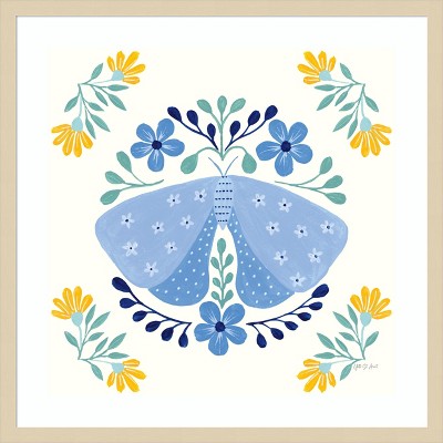 Blue Butterfly and Floral Lithograph in Light Wood Frame