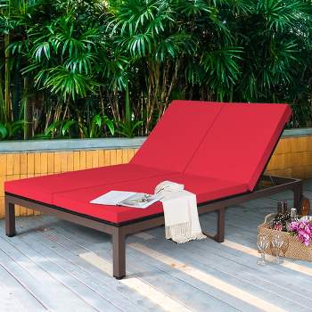 Costway 2-Person Patio Rattan Lounge chair Chaise Recliner Adjustable Cushioned Red