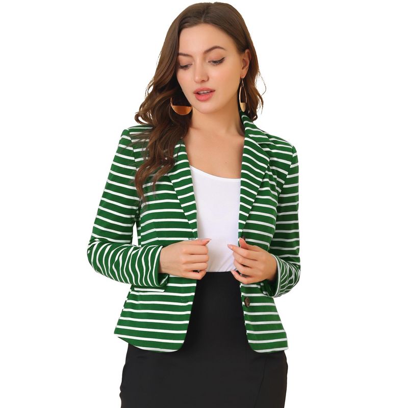 Allegra K Women's Notched Collar Long Sleeve Button Front Striped Blazers, 1 of 8